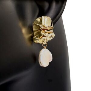 Odette New York Fender Pearl Earrings Gold Brass Baroque Pearl Post Back